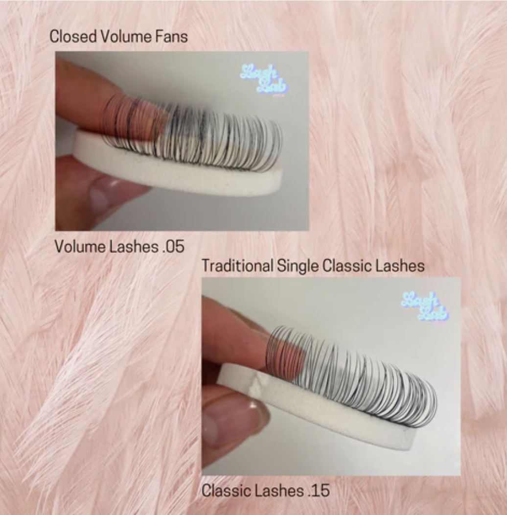 Photo showcases thin .05 lash fibers being used to mock a classic lash set. The classic lash set is heavier in weight, so using these thinner and lighter volume lash fibers are better for natural lash health.