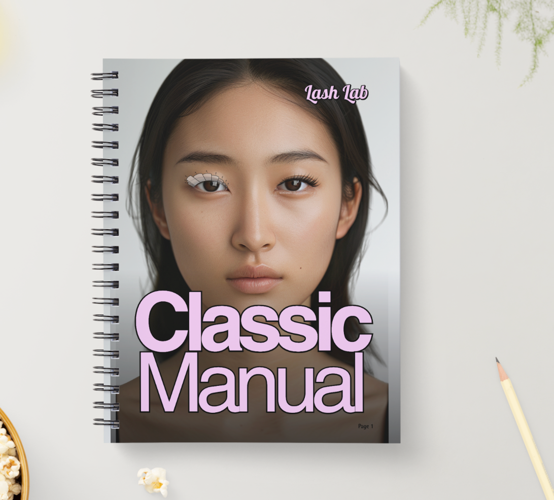 Lash Lab Training book, titled 'Classic Manual' by Lash Lab with an asian descent woman's face on the cover and pink text that says "Classic Manual" and Lash Lab. 