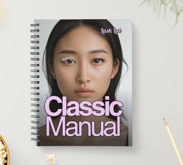 Lash Lab Training book, titled 'Classic Manual' by Lash Lab with an asian descent woman's face on the cover and pink text that says 