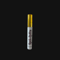 Vial with gold cap and white label on a black background, lash spike gel is the liquid inside of the lash sealant product used to make wet lash styling looks. 